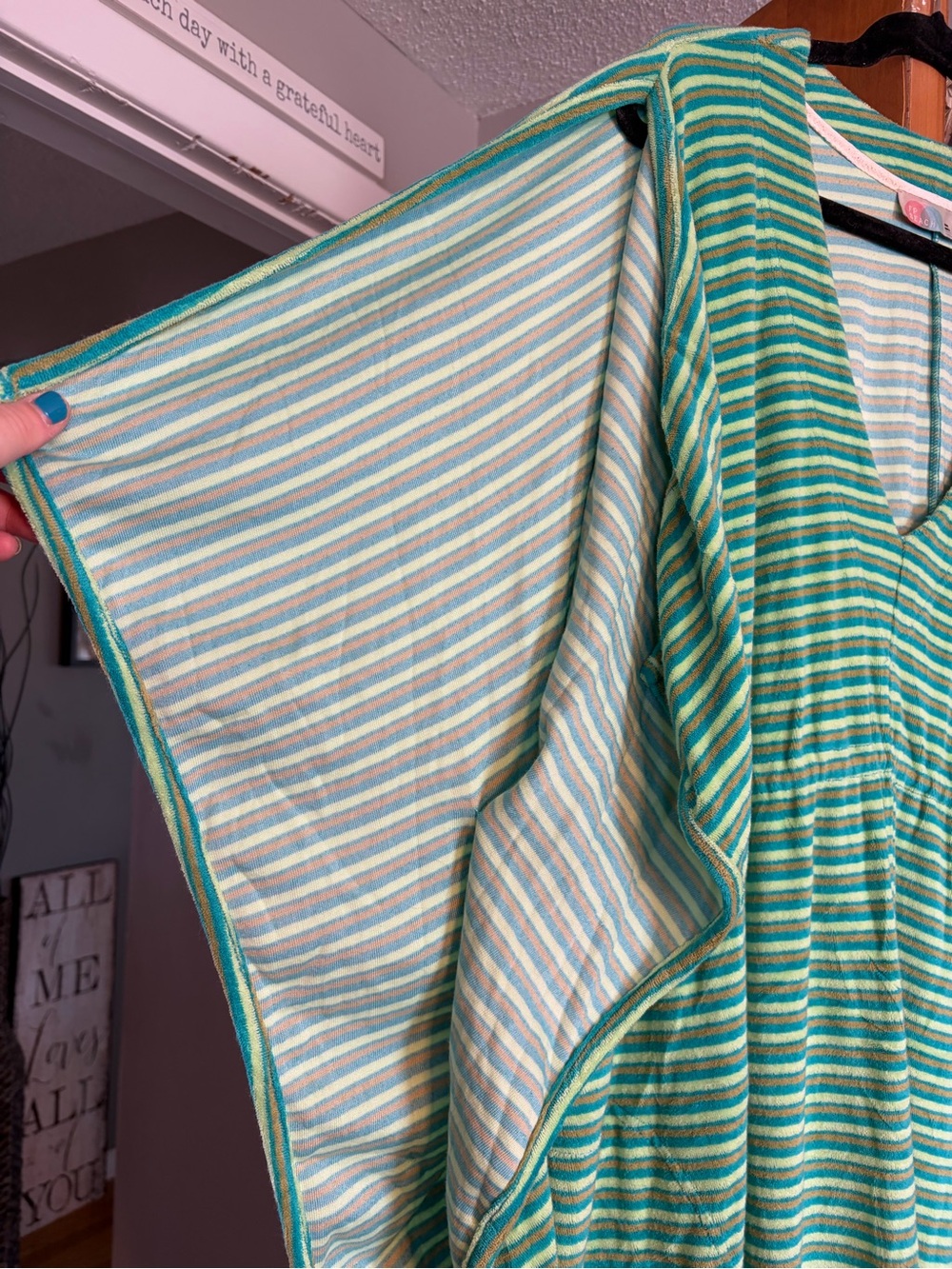 Free Poeple Green Striped V-Neck Terry Dress/coverup. Size M/L. - Picture 4 of 7